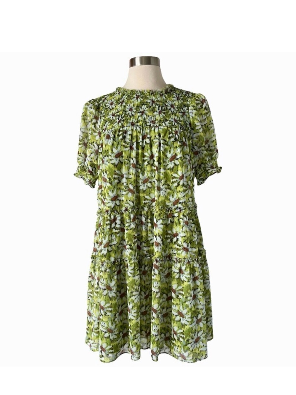 cinq a sept Lime Green Floral Smocked Tiered Mini Dress